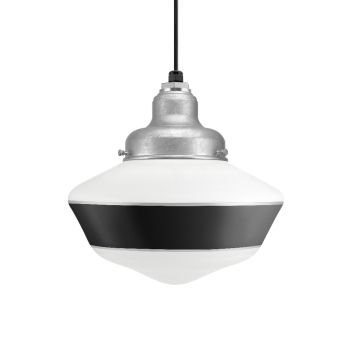 Primary Schoolhouse Pendant Light, 975-Galvanized, Large Opaque Glass, Single Painted Band, 100-Black, Black Cloth Cord
