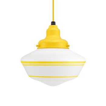 Primary LED Schoolhouse Pendant Light, 500-Buttery Yellow, Large Opaque Glass, Triple Painted Band, Buttery Yellow Cloth Cord