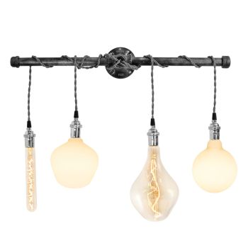 Lang Machine Age 4-Light Wall Sconce, TBW-Black & White Cotton Twist Cord, NS-Nickel With No Switch | Shown with Tala Lamps (left to right) Totem II, Enno, Voronoi II, Porcelain III