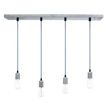 Downtown 4-Light Pendant Chandelier, 975-Galvanized, CSUW-Blue & White Cloth Cord, Edison-Style 1890 Era Bulbs