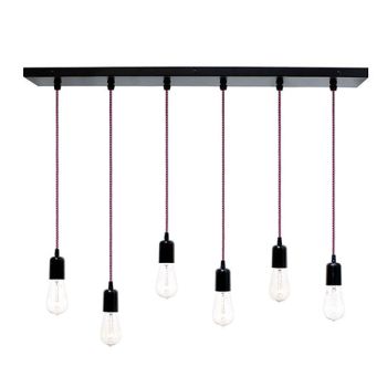 Downtown 6-Light Pendant Chandelier, 100-Black, CSBP-Black & Pink Cloth Cord, Edison-Style 1890 Era Bulbs