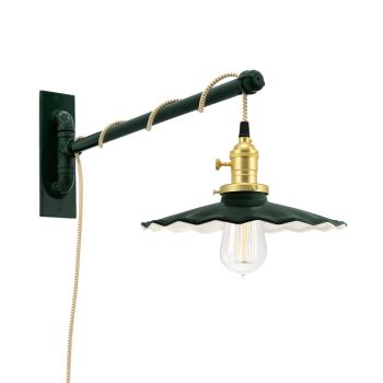 Fluted Swing Arm Sconce, 300-Dark Green, Brass Socket with Knob Switch, Arm in 300-Dark Green, CSGW-Gold & White Cloth Cord, Nostalgic Edison-Style 40W 1910 Era Bulb