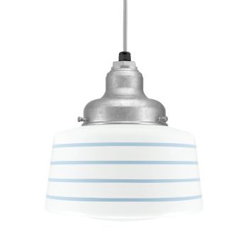 Drum Schoolhouse Pendant, 975-Galvanized, Opaque Glass, Four Painted Band, 715-Delphite Blue, CMG-Grey Cloth Cord