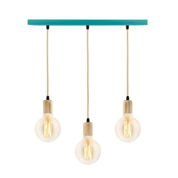 Downtown Minimalist Wooden Socket 3-Light Pendant, 390-Teal, Ash Wood, CSGW-Gold & White Cloth Cord, Shown with Elva Tala Bulbs