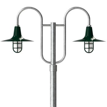 16" Sterling LED, 300-Dark Green, Decorative Double Post Mount, 975-Galvanized, Smooth Direct Burial Pole, 975-Galvanized, TGG-Heavy Duty Cast Guard, 975-Galvanized, FST-Frosted Glass