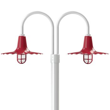 16" Seaside LED, 400-Barn Red, Double Post Mount, 200-White, Smooth Direct Burial Pole, 200-White, CGG-Standard Cast Guard, 455-Cherry Red, CCR-Clear Crackle Glass