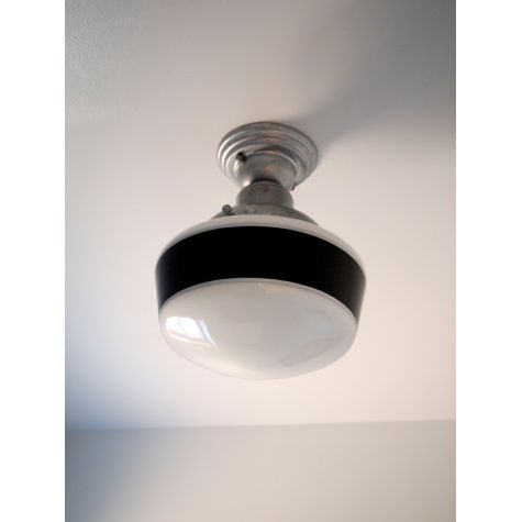 Primary Schoolhouse Semi-Flush Mount Light, 975-Galvanized, Small Opaque Glass, Single Painted Band, 100-Black | Photo Courtesy of Khanh Morales