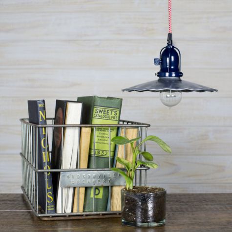 10" Fluted Pendant, 975-Galvanized, Cup in 705-Navy with Arms, Paddle Switch, CRZ-Red Chevron Cord | Shown with Nostalgic Edison-Style Victorian 25 Watt Light Bulb