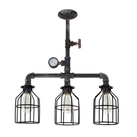 Wells Machine Age Chandelier, With Wire Cages, Edison Style 1890 Era Bulbs