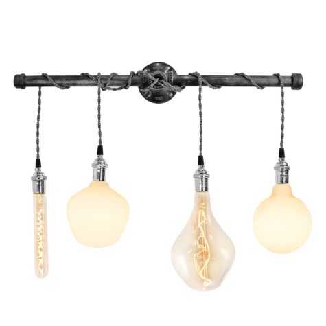 Lang Machine Age 4-Light Wall Sconce, TBW-Black & White Cotton Twist Cord, NS-Nickel With No Switch | Shown with Tala Lamps (left to right) Totem II, Enno, Voronoi II, Porcelain III
