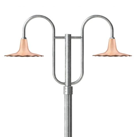 14" Seaside, 995-Natural Raw Copper, Double Decorative Post Mount, 975-Galvanized, Fluted Direct Burial Pole, 975-Galvanized