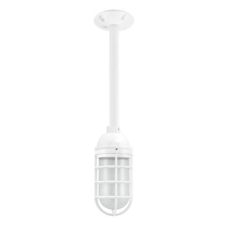 Industrial Guard Stem Mount Pendant Light, 200-White, Topless Shade, CGG-Standard Cast Guard, FST-Frosted Glass