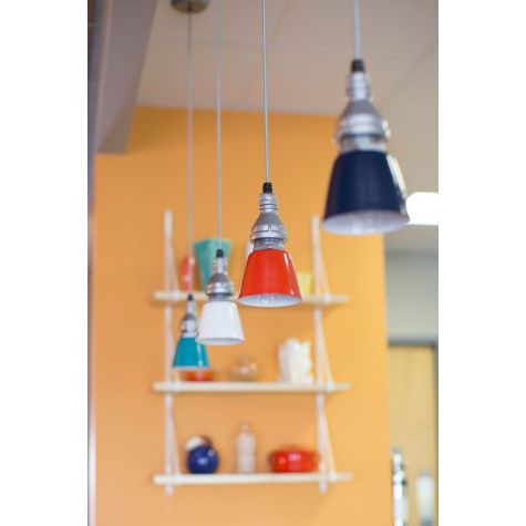 (4) Lafayette SoHo Pendants, (Left to Right) 390-Teal, 200-White, 420-Orange, 705-Navy | Photo Courtesy of Homeowner