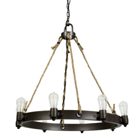 Maven Rope Chandelier, 600-Bronze, Brown Jute Rope, Standard Black Cord, Shown with Nostalgic Edison-Style 1890 Era 40 Watt Light Bulbs