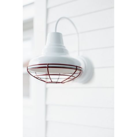 10" Bantam Union Wall Sconce, 250-White, 10” Wire Cage in 455-Cherry Red | Photo Courtesy of Homeowner