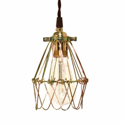 Minimalist Polished Brass Cage Pendant With Wire Cage, Nostalgic Edison Style 1910 Era Bulb