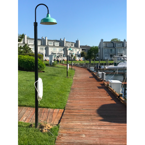 16” Avalon, 355-Porcelain Jadite Shade, Single Post Mount in 100-Black | Photo Courtesy of Oyster Cove, Lighting Environments, and Creative Land Design