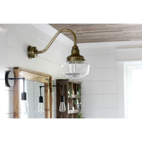 Decorative Backing Plate Cover (Displayed Here: Primary Schoolhouse Gooseneck Light, 996-Weathered Brass, Clear Glass, No Painted Band, G11 Gooseneck Arm | Photo Courtesy of Christina’s Adventures)