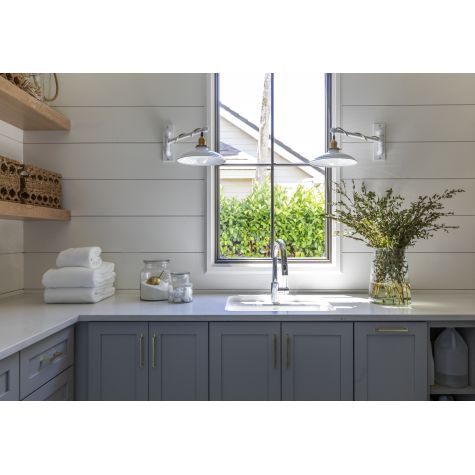 (2) Sinclair Swing Arm Sconce, 200-White Shade & Arm Finish, CSGW-Gold & White Cloth Cord, BK-Brass Socket with Knob Switch, Hard Wired | Design by Kipling House Interiors and Photo by Jessie Preza