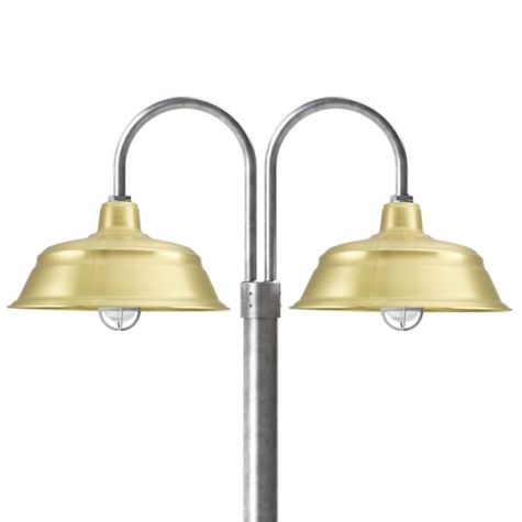 17" Bomber LED, 997-Natural Raw Brass, Double Post Mount, 975-Galvanized, Smooth Direct Burial Pole, 975-Galvanized, CGG-Standard Cast Guard, 975-Galvanized, CCR-Clear Crackle Glass
