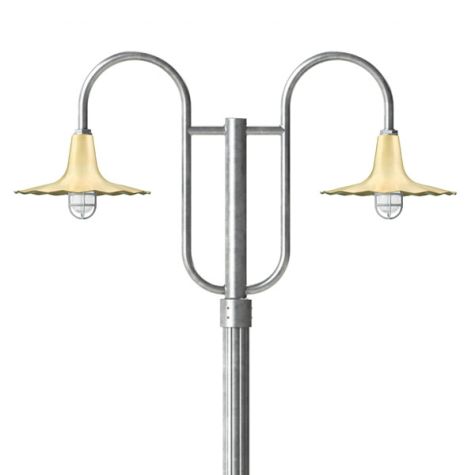14" Seaside LED, 997-Natural Raw Brass, Decorative Double Post Mount, 975-Galvanized, Fluted Direct Burial Pole, 975-Galvanized, CGG-Standard Cast Guard, 975-Galvanized, CCR-Clear Crackle Glass