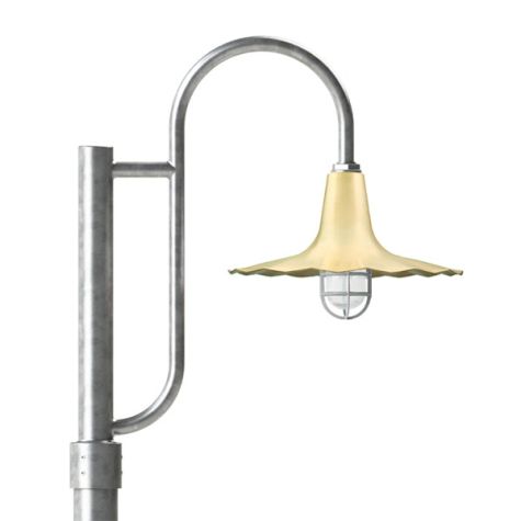 14" Seaside LED, 997-Natural Raw Brass, Single Decorative Post Mount, 975-Galvanized, Smooth Direct Burial Pole, 975-Galvanized, CGG-Standard Cast Guard, 975-Galvanized, CCR-Clear Crackle Glass
