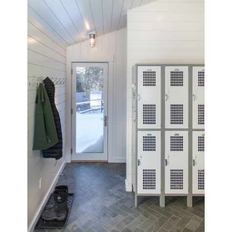 Flush Mount Guard Sconce, 975-Galvanized, CGG-Standard Cast Guard, RIB-Ribbed Glass | Photo Courtesy of Red House Building