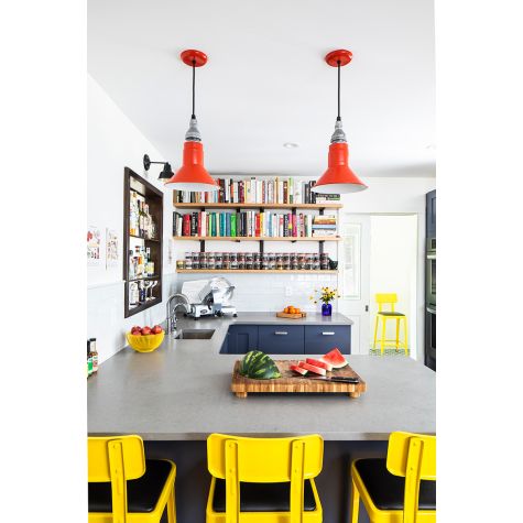 Canal Street SoHo Pendant, 420-Orange (Also pictured in background: Barn Light Mini Artesia Wall Sconce) | Photo Courtesy of Workroom Design Studio and Lynn Graves Photography