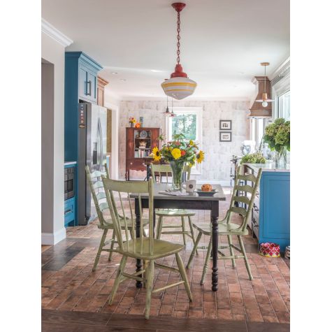 Primary Schoolhouse Chain Hung Pendant, 400-Barn Red Fitter, Large Opaque Glass, CRZ-Red Chevron Cloth Cord, 3ft Chain, Triple Painted Band in 500-Buttery Yellow | Photo Courtesy of Lisa Davenport of LDD Interiors