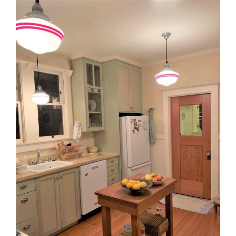 Primary Schoolhouse Pendant Lights, 975-Galvanized, Large Opaque Glass, Double Painted Band in 400-Barn Red, CSB-Black Cloth Cord | Photo Courtesy of Customer