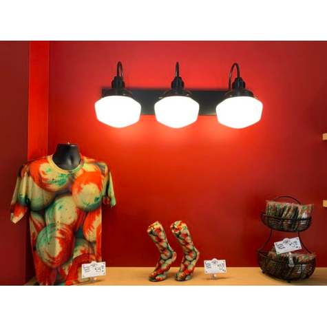 Primary 3-Light Schoolhouse Vanity Light, Opaque Glass, 100-Black Mounting and Fitter Finish, No Painted Band | Photo Courtesy of Ukrops Food Hall in Richmond, VA, Urban Core Development, Lighting Environments VA and 510 Architects