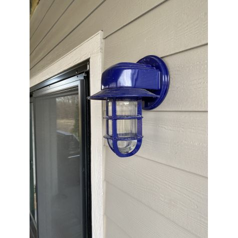 Streamline LED Industrial Guard Sconce, 710-Cobalt Blue PTMP, FS-Flared Shade, TGG-Heavy Duty Guard, RIB-Ribbed Glass, 3000K Color Temp | Photo Courtesy of Rick Christensen