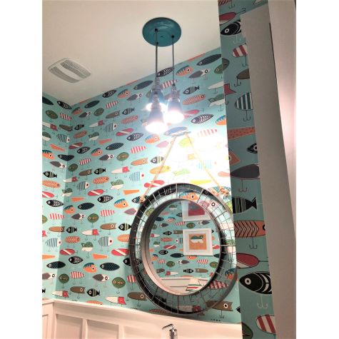 Lafayette Multi-Light Chandelier, 390-Teal, CSBW-Black & White Cloth Cord | Photo Courtesy of Homeowner