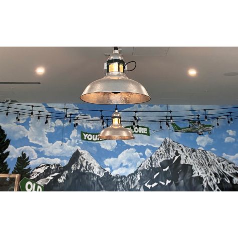 16” Outback Cord Hung Pendant, 975-Galvanized, SBK-Standard Black Cord, CGG-Standard Cast Guard in 300-Dark Green, CLR-Clear Glass | Photo Courtesy of Old Yale Brewery