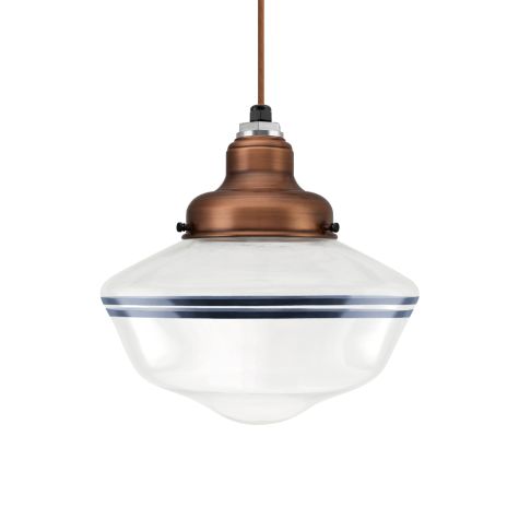 Primary LED Schoolhouse Pendant Light, 996-Natural Weathered Copper, Large Clear Glass, Double Painted Band, 705-Navy, Rust Cloth Cord