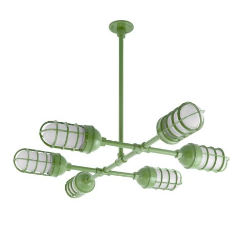 Factory Overhead LED 6-Light Chandelier, 320-Fern Green, CGG-Standard Cast Guard, FST-Frosted Glass
