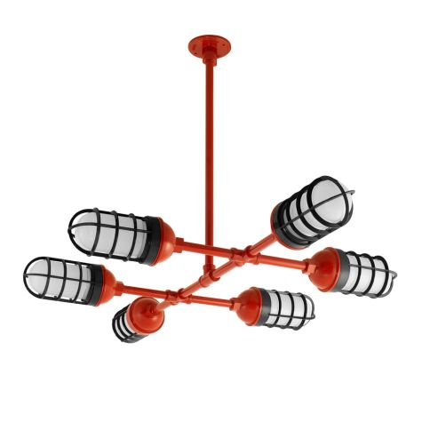 Factory Overhead LED 6-Light Chandelier, 420-Orange, CGG-Standard Cast Guard, Guard in 100-Black, FST-Frosted Glass
