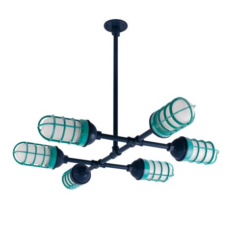 Factory Overhead 6-Light Chandelier, 705-Navy, Guard in 390-Teal, CGG-Standard Cast Guard, FST-Frosted Glass