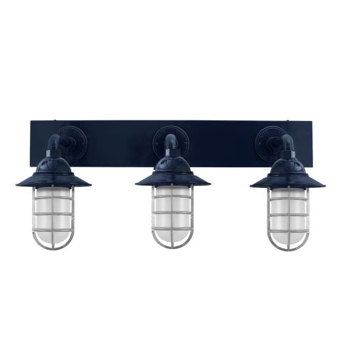 Industrial Guard LED Triple Vanity Light, 705-Navy, Flared Shade, CGG-Standard Cast Guard, 975-Galvanized, FST-Frosted Glass