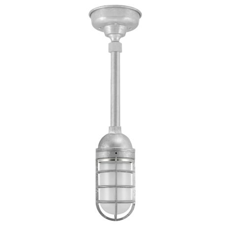 Industrial Guard LED Stem Mount Pendant Light, 975-Galvanized, Topless Shade, CGG-Standard Cast Guard, FST-Frosted Glass