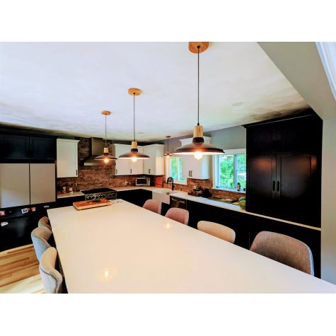 14" Shade in 705-Navy, Ash Wood, Grey Cloth Cord, Ash Canopy | Photo Courtesy of Homeowner