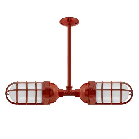 Industrial Loft LED Double Pendant, 400-Barn Red, CGG-Standard Cast Guard, FST-Frosted Glass