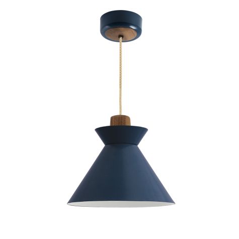 14" Manhattan LED, 705-Navy, Walnut Wood, CSGW-Gold & White Cloth Cord, Decorative Wood Canopy Cover