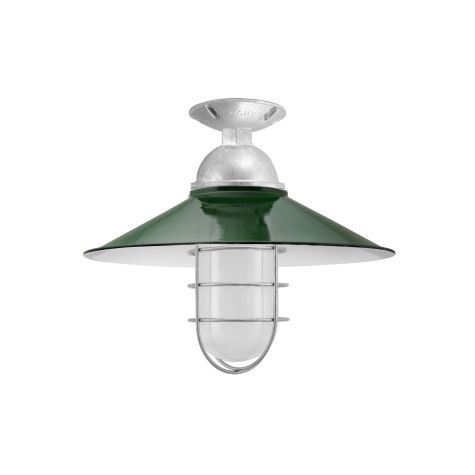 16" Syracuse, 350-Porcelain Vintage Green, Mounting in 975-Galvanized, WGG-Wire Guard, FST-Frosted Glass