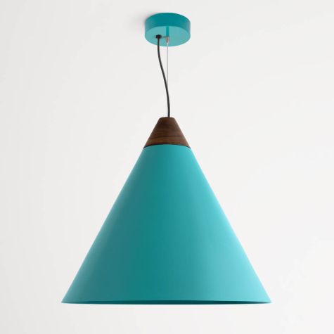24" Isos LED Cone Studio Pendant Light, 390-Teal, Optional Wood Top, Walnut Wood, Standard Black Cord