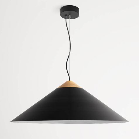 32" Isos LED Cone Studio Pendant Light, 100-Black, Optional Wood Top, Maple Wood, Standard Black Cord
